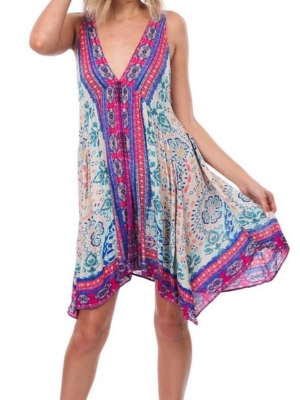 Free People Cream Floral Midi Dress with Blue and Pink Accents